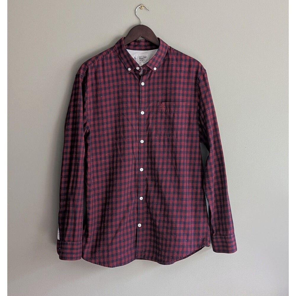 Original Penguin Mens Large Button Down Shirt Red Check Blue Speckled Nep Cotton